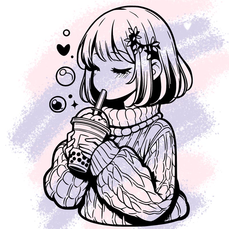manga girl drinking boba in cozy sweater