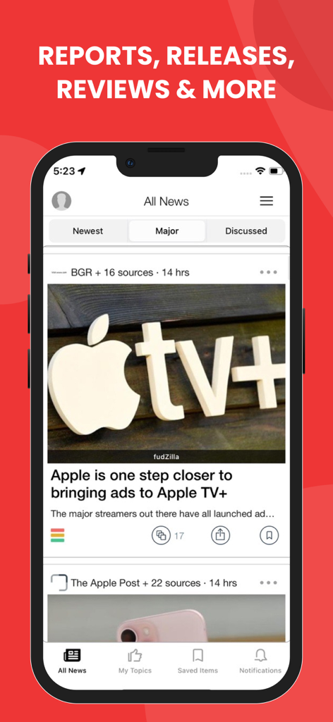 iNews from Cupertino app displaying Apple news feed and reports on an iPhone