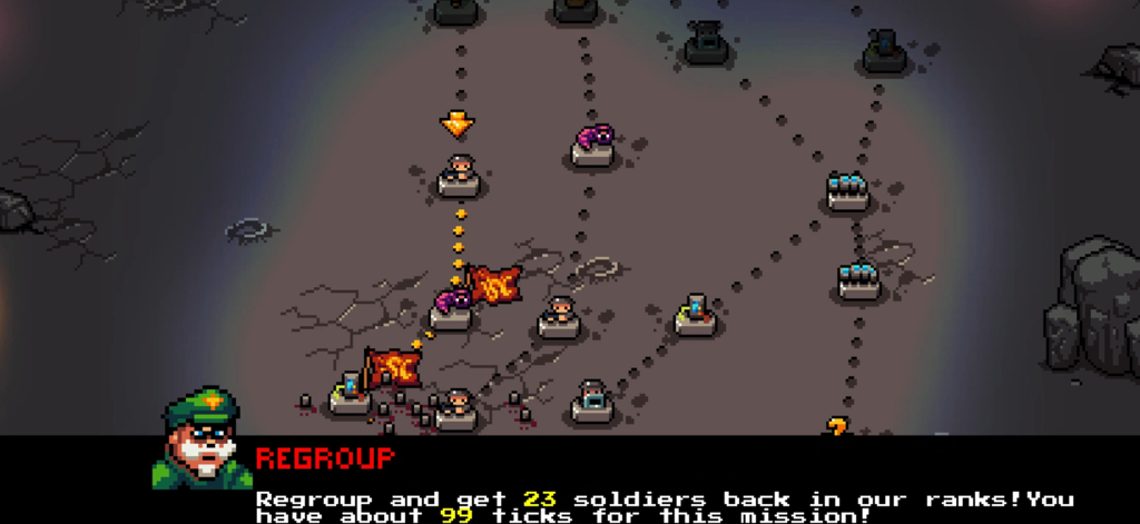 Snake Core - A pixel art mission map in Snake Core showing tactical nodes and regroup instructions from the commander