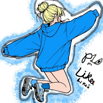 realistic girl jumping with a bun and oversized sweatshirt