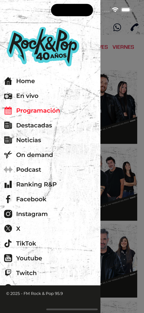 Rock & Pop - Menú de navegación lateral de la app móvil de FM Rock and Pop 95.9 con opciones de radio y podcast