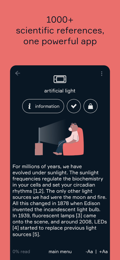 Circadian: Your Natural Rhythm - Mobile app interface showing an educational article about the impact of artificial light on circadian rhythms with scientific references