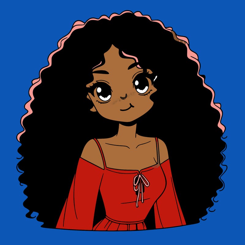 a black anime girl with long afro hair