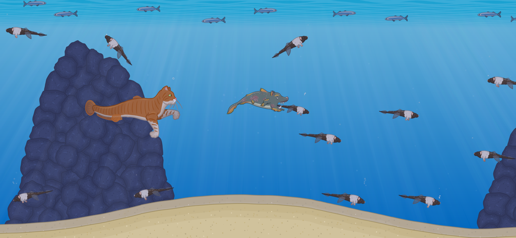 Underwater scene from Tasty Planet Final Bite featuring a large orange catfish and various sea creatures