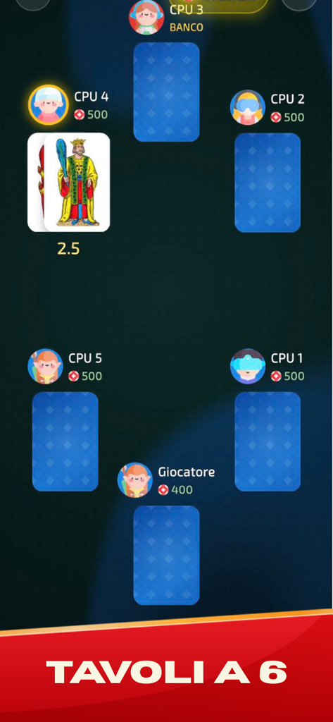 Sette e Mezzo: Carte Italiane - Sette e Mezzo gameplay showing a six player table with Italian regional cards
