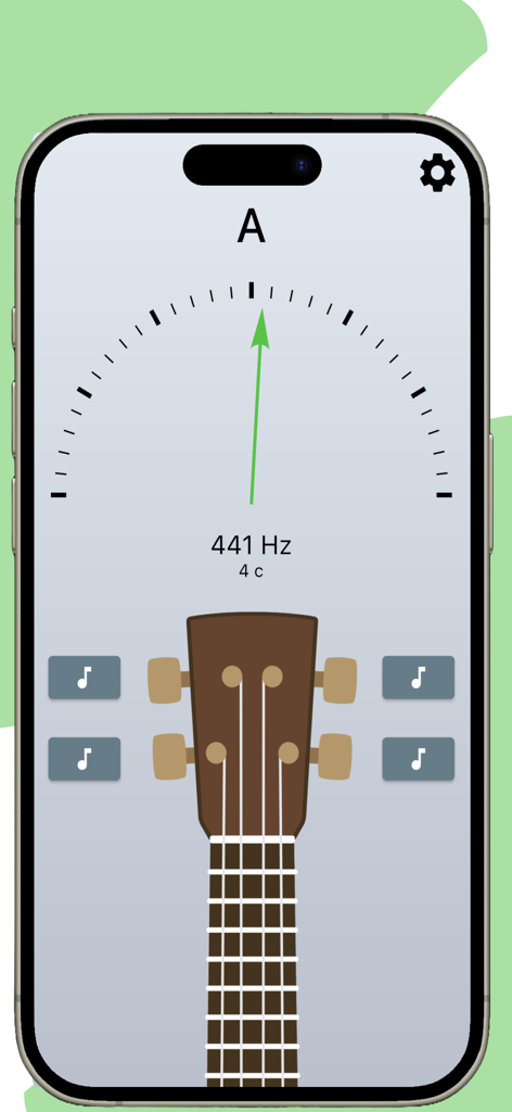 Ukulele Tuner - Simple Tuner - Écran de l'application Accordeur Ukulele montrant une aiguille d'accordage verte pour la note La