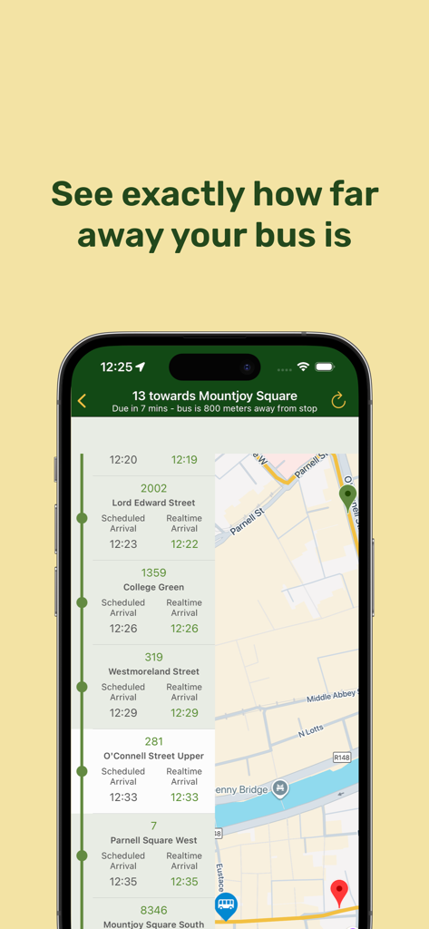 Next Bus Ireland App-Oberfläche, die Live-Busverfolgung mit Echtzeit-Ankunftszeiten und Kartenansicht anzeigt