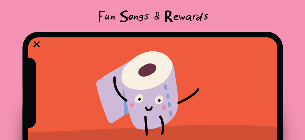 Potty Training App for Kids - A cute cartoon toilet paper character dancing on a smartphone screen showing the Fun Songs and Rewards feature.