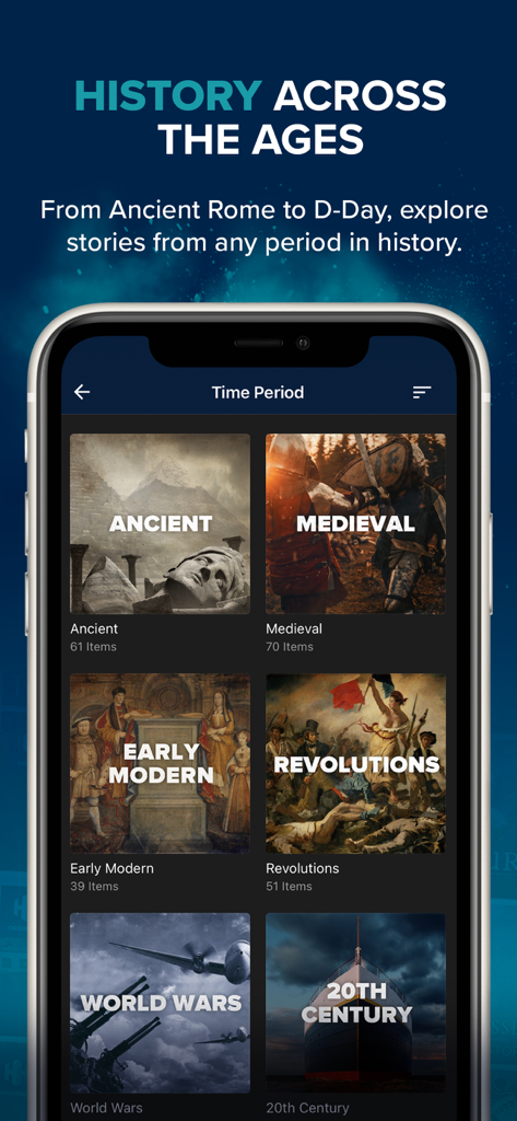 History Hit - Aplicativo móvel History Hit mostrando categorias históricas, incluindo Antiga, Medieval e Guerras Mundiais