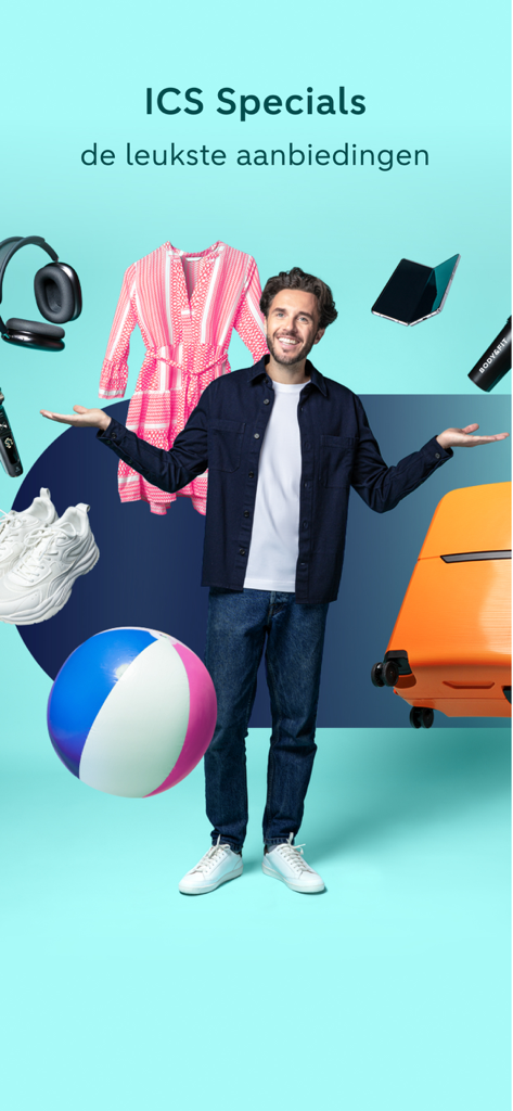 ABN AMRO Creditcard - Promotional screen showcasing ICS Specials with a man surrounded by travel and lifestyle products for ABN AMRO Creditcard users