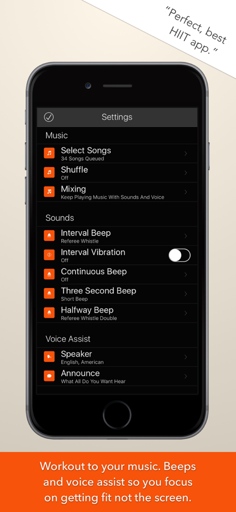 Settings screen of the Tabata Timer app showing music sound beeps and voice assist options