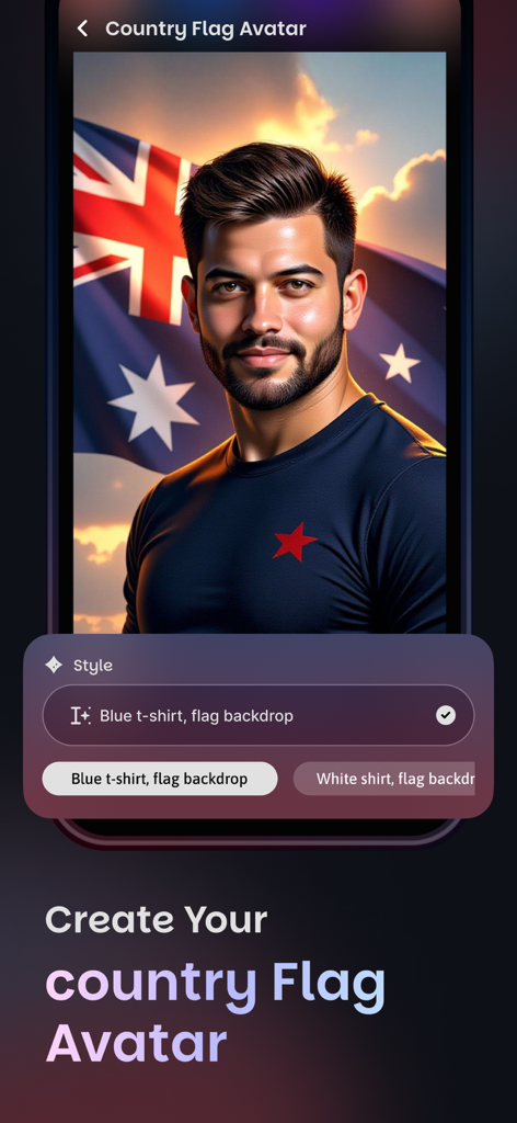 AI Photo Maker - Vintage Photo - Interface do AI photo maker mostrando um avatar de bandeira de país personalizado com um fundo de bandeira australiana.