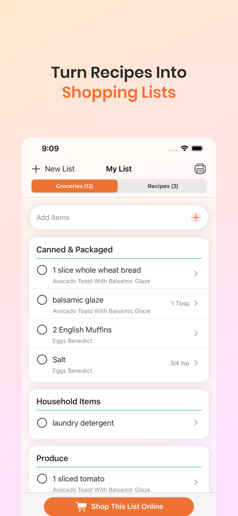 RecipeBox - Save Your Recipes! - Smartphone screen showing the RecipeBox app's shopping list feature with categorized grocery items and an online shopping button.