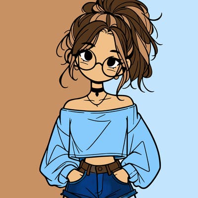 girl with a messy ponytail glasses a baggy crop top and jean shorts