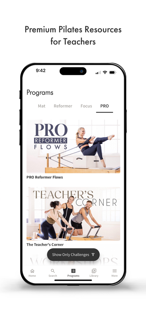 Pilates Anytime app interface showing premium training programs and resources for Pilates instructors and professionals.