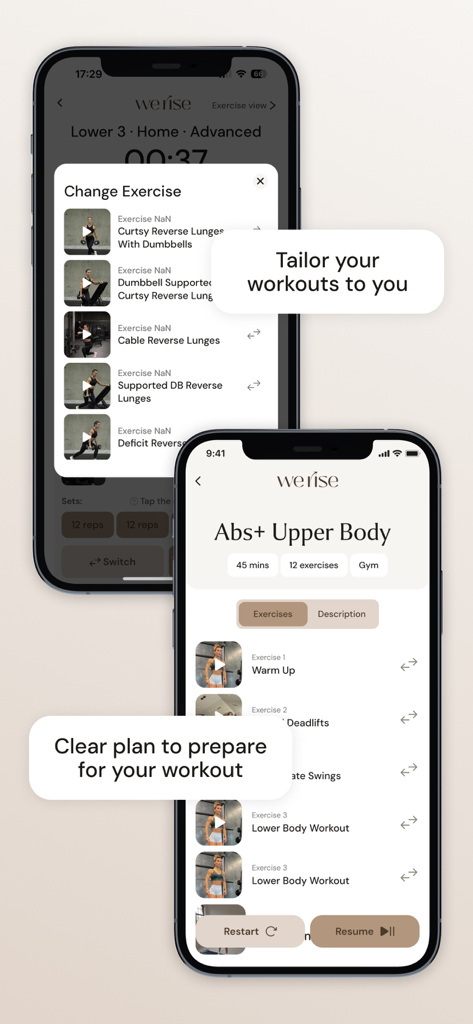 Dos iPhones que muestran las interfaces de la aplicación WeRise para personalizar entrenamientos y ver un plan de entrenamiento claro con ejercicios específicos para abdominales y parte superior del cuerpo