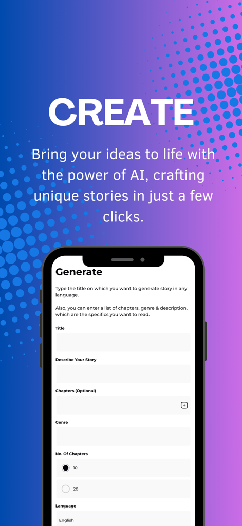 StoryVerse - AI Text To Story - Interfaz móvil de la aplicación StoryVerse que muestra campos para generar una historia usando IA