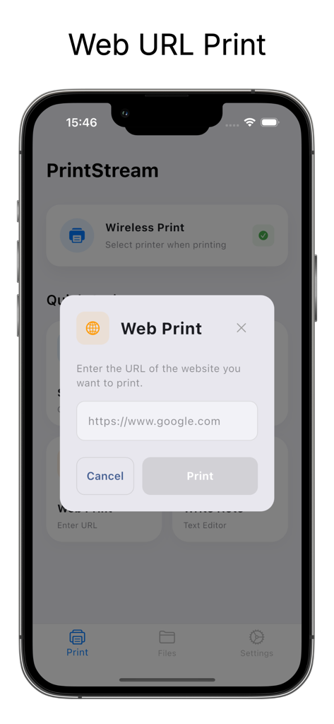 PrintStream: WiFi Printer App - iPhone screen showing the Web Print popup in PrintStream app where users can enter a website URL to print