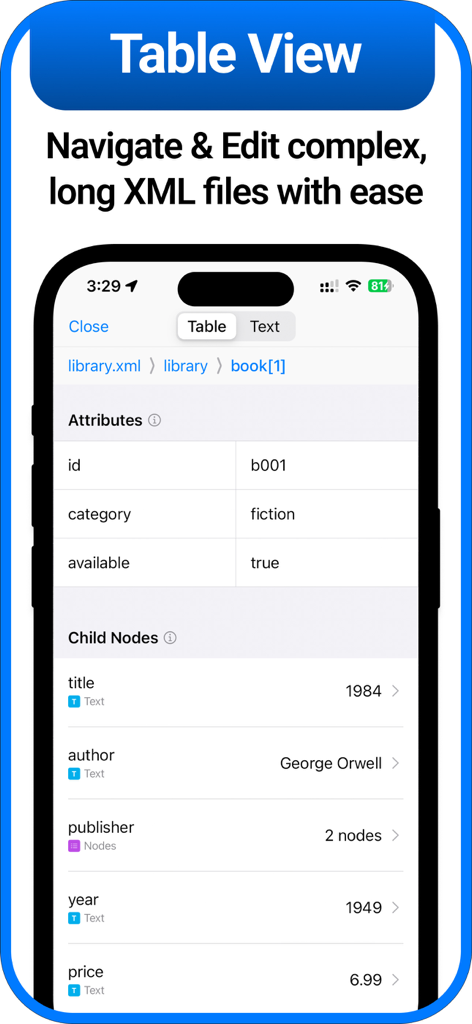 iPhone screenshot showing the table view feature of the XML Viewer app for navigating complex XML files