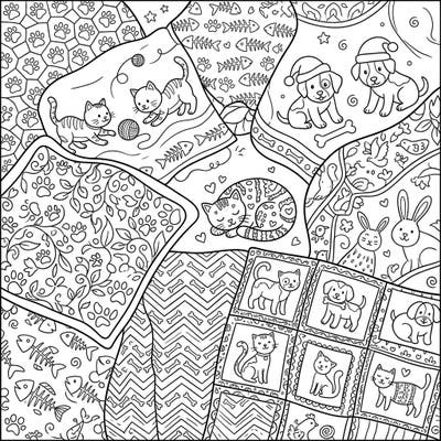 Unleash your creativity with this delightful coloring page featuring an array of cozy, pet-themed blankets. Perfect for teens, it showcases charming illustrations of cats, dogs, and adorable patterns for hours of artistic fun.