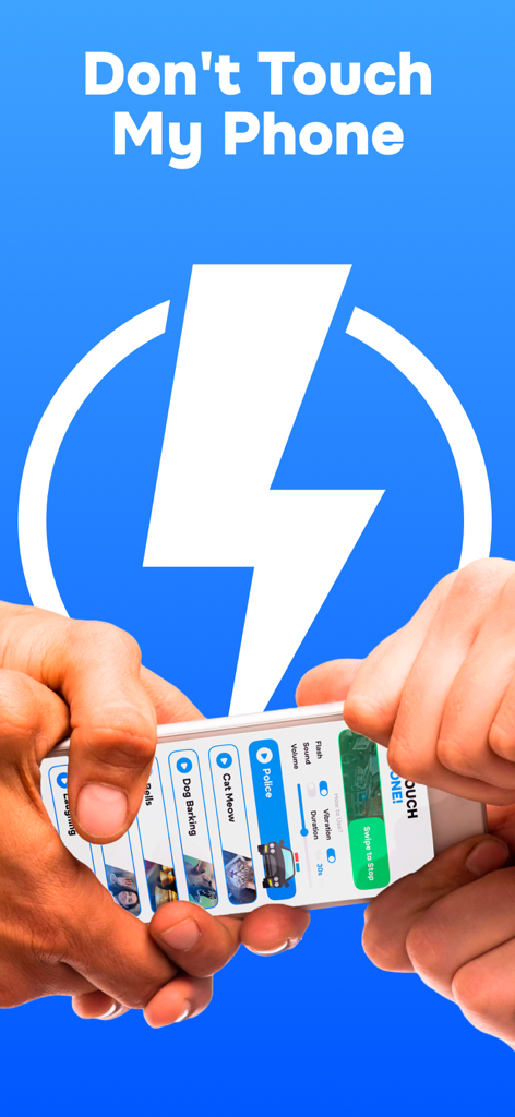 Interface of the Don't Touch My Phone Alarm app featuring various security alarm sounds and settings