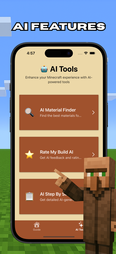 Building Guide For Minecraft - Captura de pantalla del menú de Herramientas de IA en la aplicación de guía de construcción de Minecraft que muestra el buscador de materiales y las funciones de calificación de construcción.