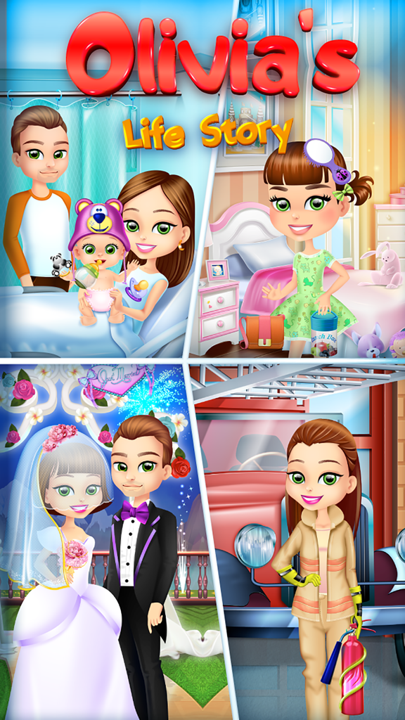 Olivia Grows Up - Baby & Family Life Salon Games for Girls - オリビアの人生の節目（誕生、子供時代、結婚式、消防士のキャリアなど）のコラージュ