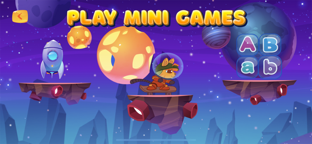 ABC learning games for kids 2+ - Pantalla de minijuego con temática espacial con un personaje de gato y letras mayúsculas y minúsculas flotantes para niños pequeños