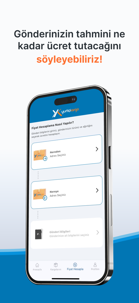 Yurtiçi Kargo - Interfaccia dell'app Yurtici Kargo che mostra la funzione calcolatore prezzi spedizione