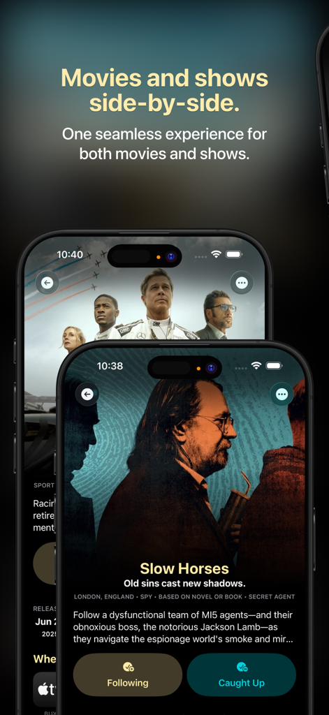Showcase: Track Movies & Shows - Interfaz de la aplicación Showcase que muestra el seguimiento de películas y series lado a lado en dos pantallas de iPhone