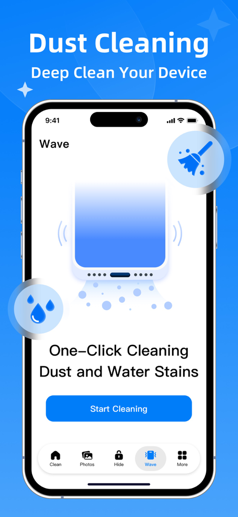 Interface de l'application Deep Cleaner montrant la fonction de nettoyage de la poussière et des taches d'eau du haut-parleur