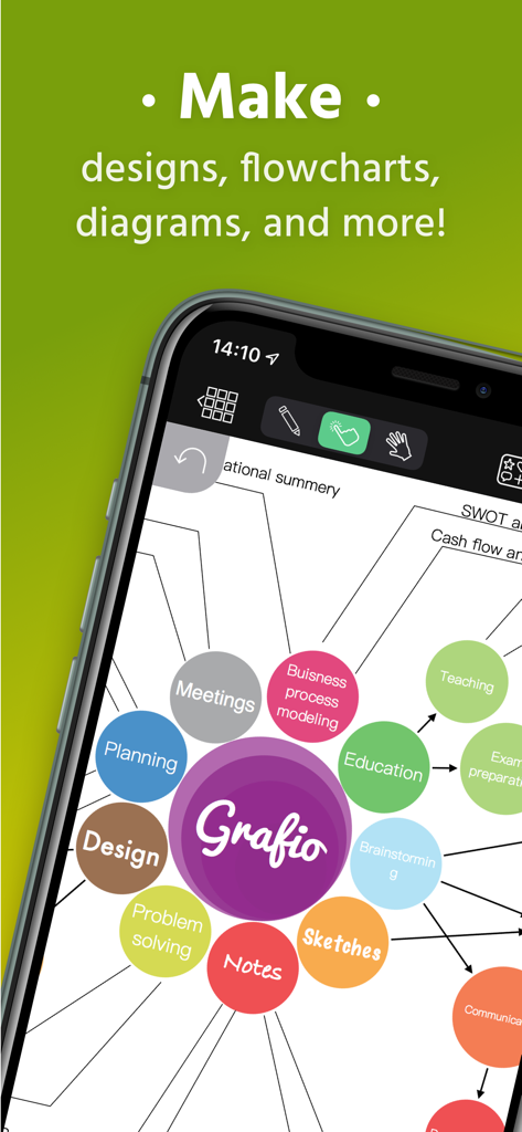 Una pantalla de teléfono móvil que muestra un mapa mental colorido con varias categorías creadas usando la aplicación Grafio 4 para crear diagramas.