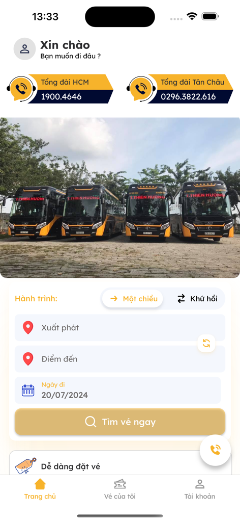 Xe Thiên Thiên Hương - Tela inicial do aplicativo Xe Thien Thien Huong mostrando a busca por reservas de passagens de ônibus e a frota de ônibus de luxo.