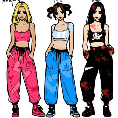 realistic girls with baggy pants and crop top