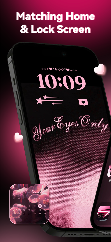 ThemeKit: Widget & Icon Themes - Matching pink aesthetic iPhone home and lock screen theme with custom widgets and heart icons