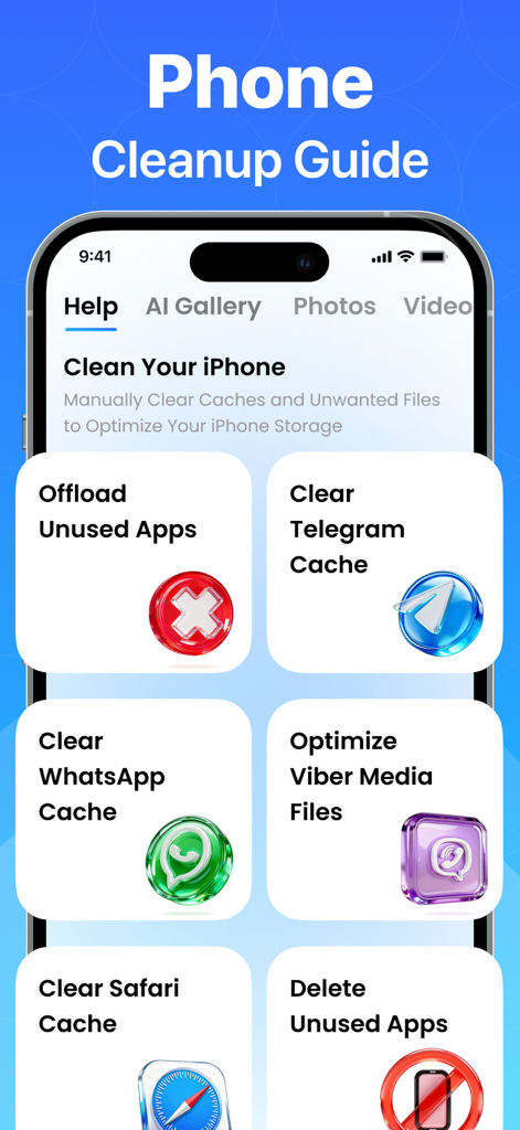 AI Storage Optimizer App - Interfaz de la app Optimizador de Almacenamiento IA que muestra la Guía de Limpieza del Teléfono con opciones para borrar cachés de Telegram, WhatsApp y Safari