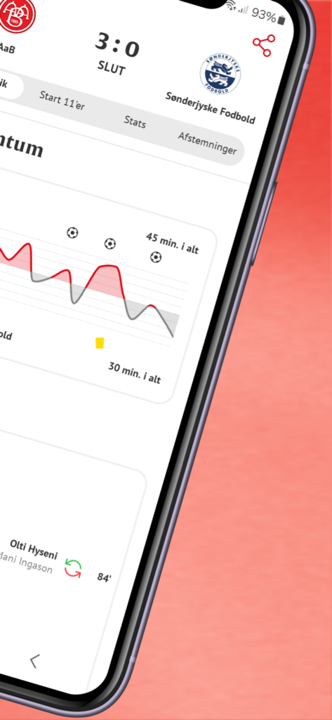 AaB mobile app showing live football match scores and statistics.