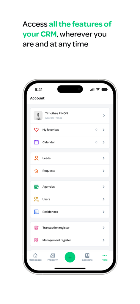 Apimo - Apimo mobile app displaying real estate CRM features like leads calendar and property registers on an iPhone screen