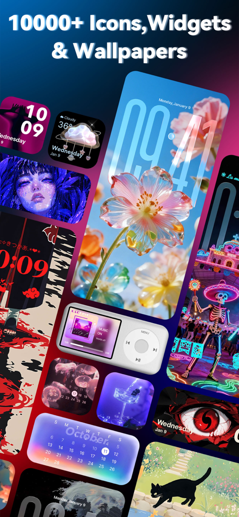 A collage showing various aesthetic iPhone themes widgets and icons from the ThemeKit app