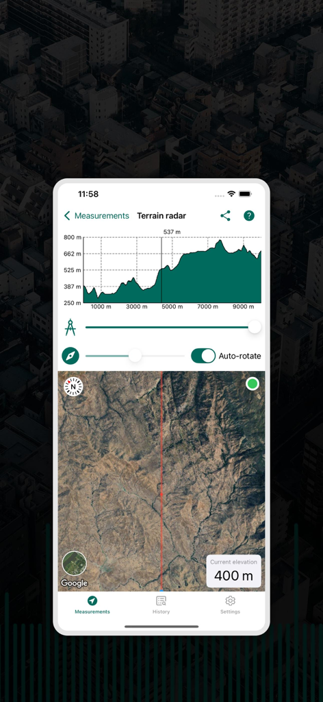 My GPS Tape Measure - Terrain radar and elevation profile tracking in My GPS Tape Measure app