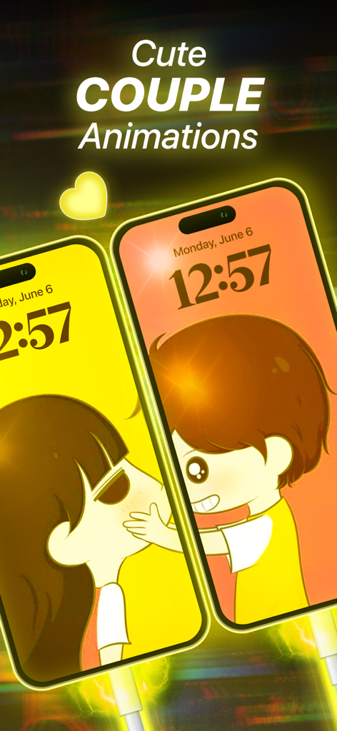 Battery Charging Animation・Up - Dos iPhones uno al lado del otro mostrando una animación de carga de pareja de dibujos animados a juego