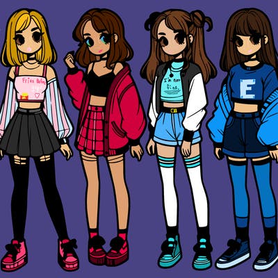 one girl with crop-top shirt and a jacket with a skirt, long socks and another girl with a shirt and pants with a jacket