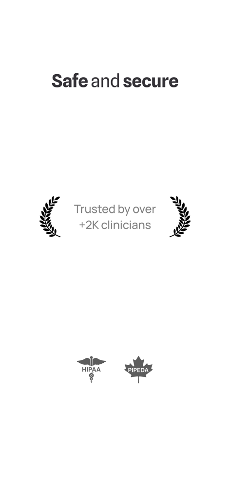 Écran de sécurité de l'application Medical Scribe montrant les logos de conformité HIPAA et PIPEDA et des statistiques de confiance des cliniciens