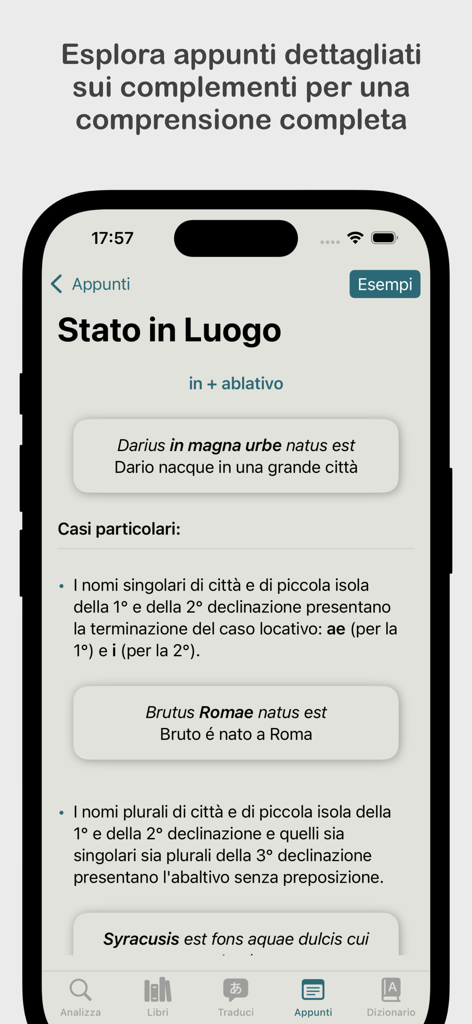 Latinorum - A screenshot of the Latinorum app displaying detailed Latin grammar notes and examples.