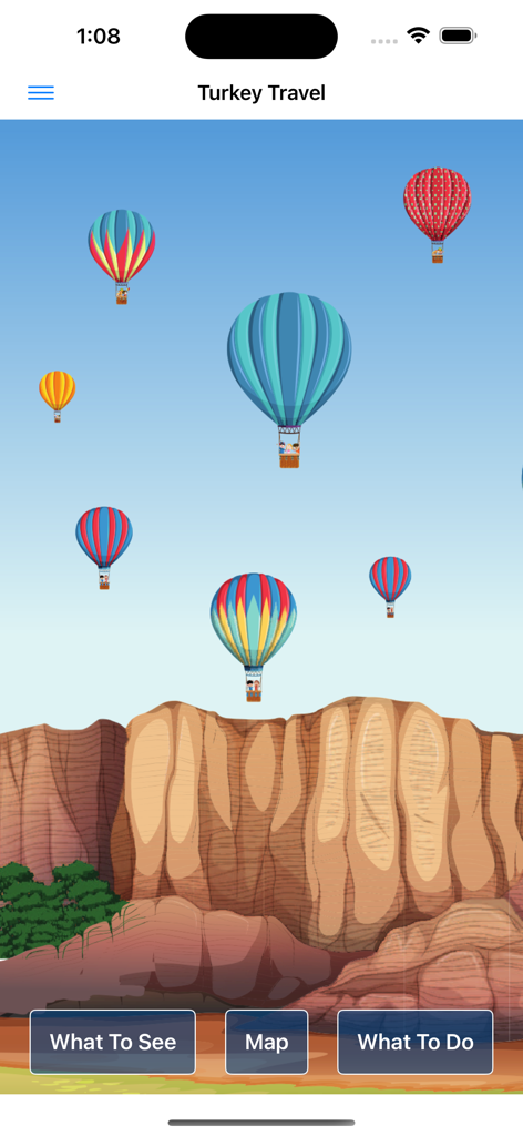 Turkey Travel Guide - トルコ旅行ガイドアプリのホーム画面。カッパドキア上空の気球のイラストとナビゲーションボタンが特徴です。