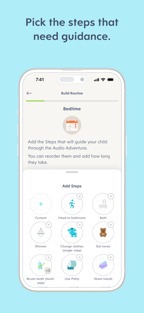 Huckleberry MagicStepsアプリのインターフェース。歯磨きや手洗いなどのタスクをカスタム就寝時ルーティンに追加するためのアイコンリストを表示しています