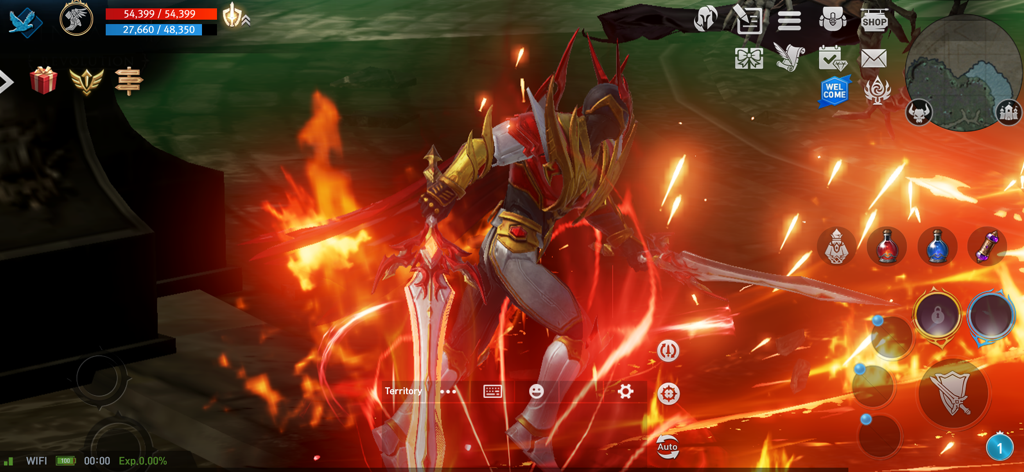 Capture d'écran de gameplay de Lineage 2 Revolution montrant un personnage en armure ornée avec une épée enflammée