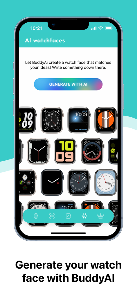 Buddywatch - Watch Faces - Interface de l'application Buddywatch montrant la fonctionnalité de génération de cadrans par IA pour la personnalisation de l'Apple Watch.