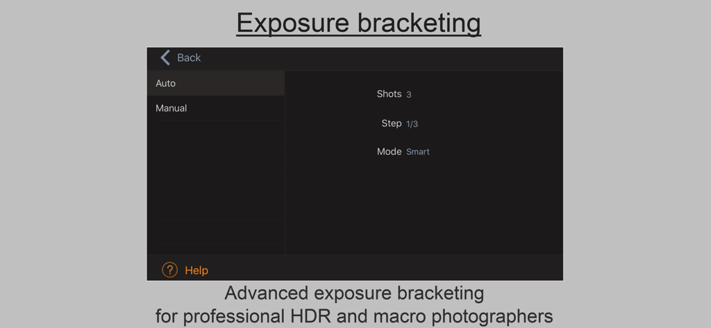 Helicon Remote - Interface for advanced exposure bracketing settings in the Helicon Remote photography app