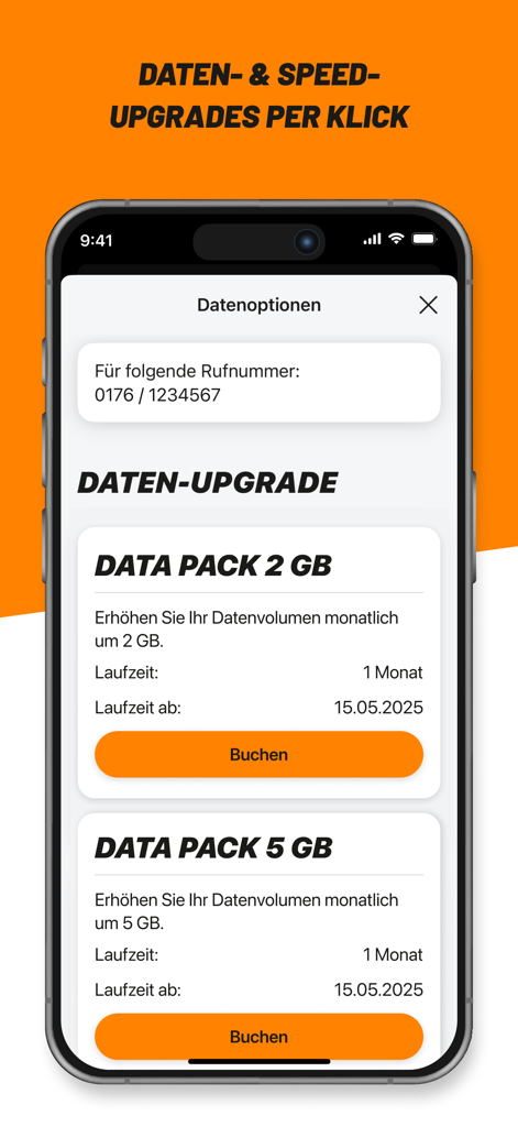 klarmobil - L'interfaccia dell'app klarmobil mostra varie opzioni di upgrade dei pacchetti dati con pulsanti di prenotazione.